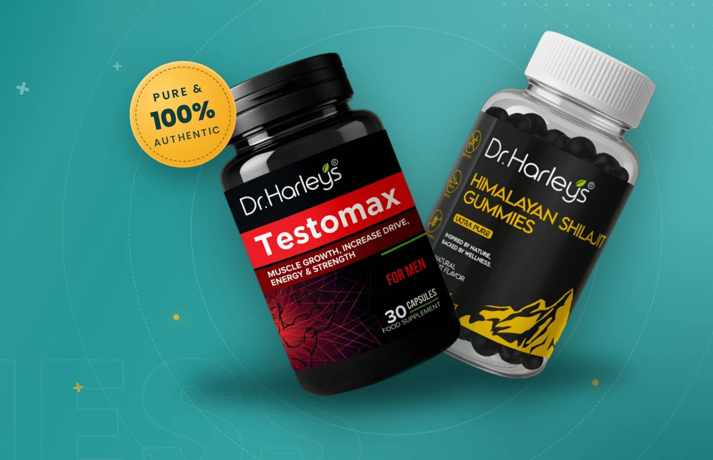 Dr. Harley's Testomax capsules beside Himalayan Shilajit gummies