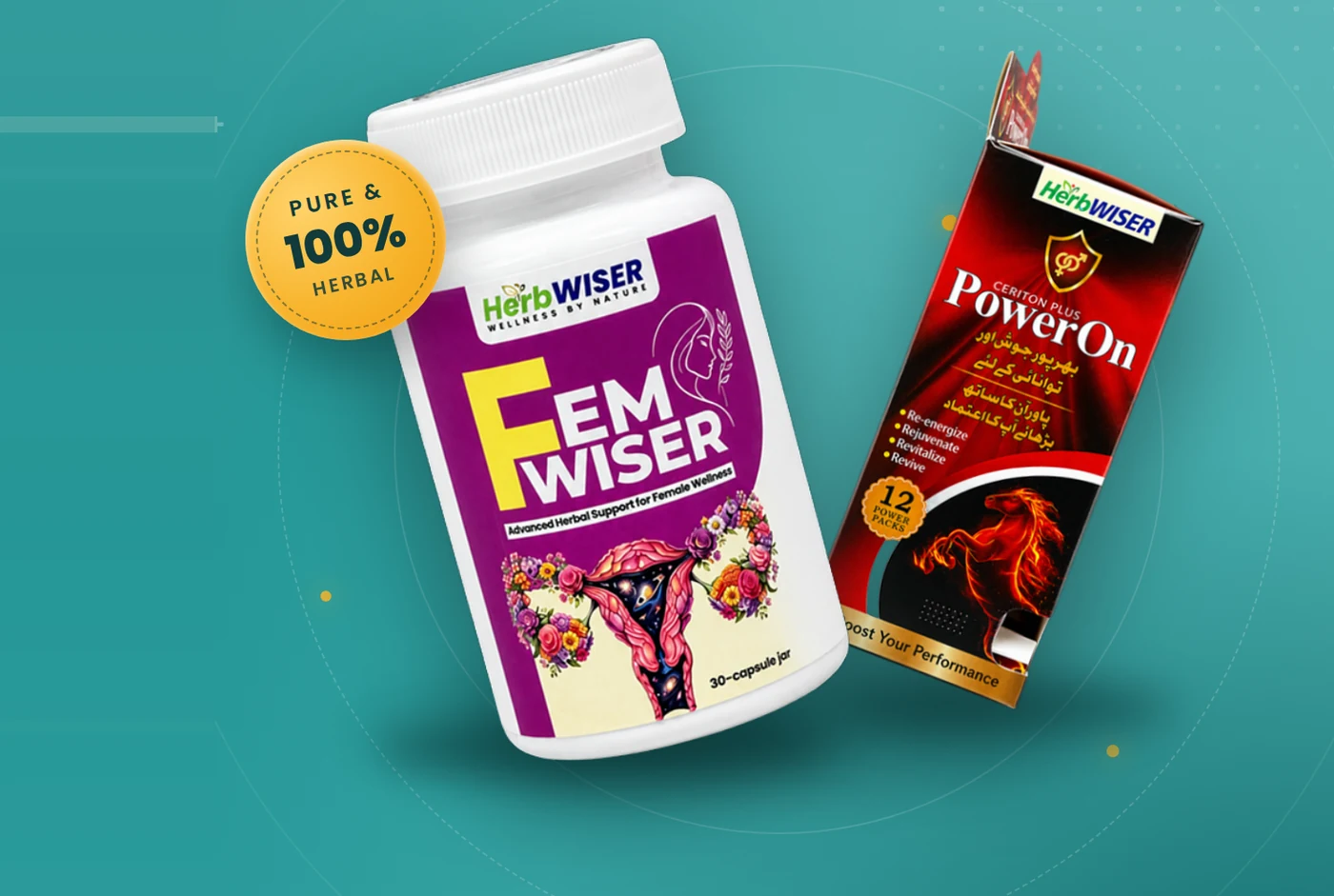 HerbWiser FemWiser capsule jar beside a Ceriton Plus PowerOn pack